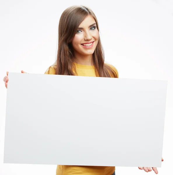 Mujer sosteniendo banner en blanco —  Fotos de Stock