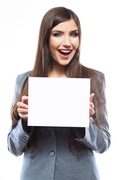 Mujer de negocios sosteniendo banner en blanco —  Fotos de Stock