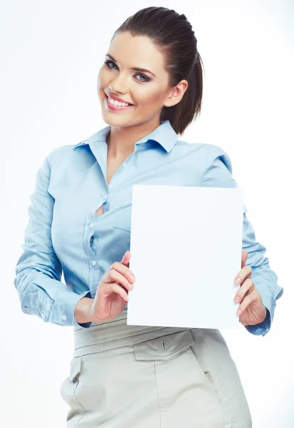 Business woman holding paper banner — Stock Photo, Image