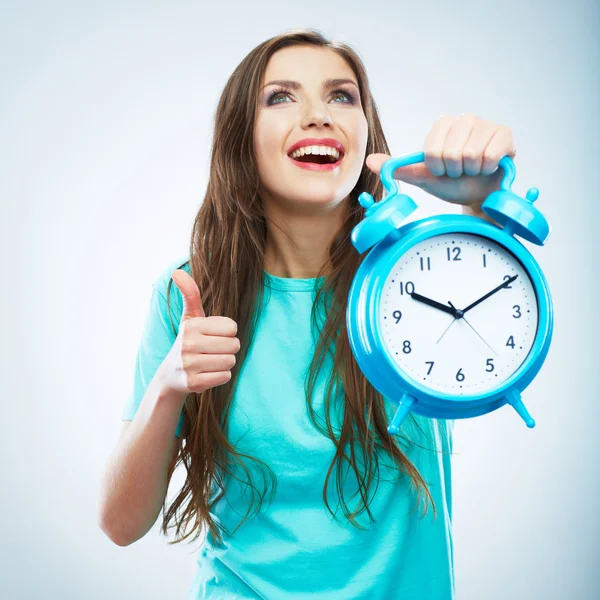 Young smiling woman hold watch. Beautiful smiling girl portrait — Stock Photo, Image