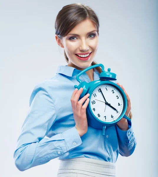 Business time concept woman portrait. Young business model show — Stock Photo, Image