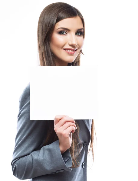 Business woman holding blank banner — Stock Photo, Image