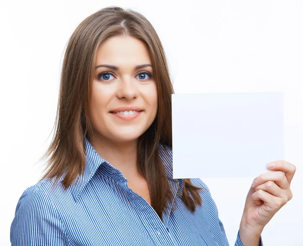 Empresária segurar papel branco em branco . — Fotografia de Stock