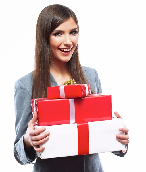 Retrato de mujer de negocios sosteniendo cajas de regalo —  Fotos de Stock