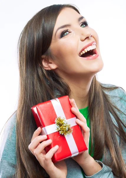 Close up portrait of woman holding gift box — Stock Photo, Image