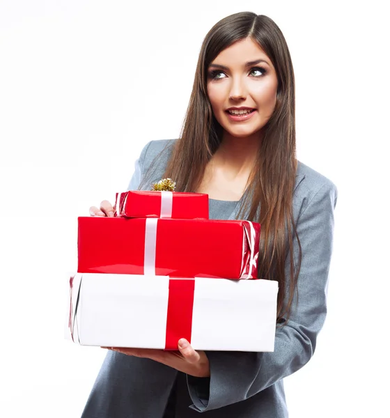 Retrato de mujer de negocios sosteniendo cajas de regalo —  Fotos de Stock