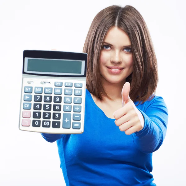 Young woman hold digital calculator. Female smiling model white — Stock Photo, Image