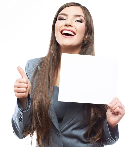 Mujer de negocios sosteniendo banner en blanco y pulgar hacia arriba —  Fotos de Stock