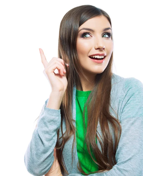 Retrato de mulher sorridente com ponto para cima — Fotografia de Stock