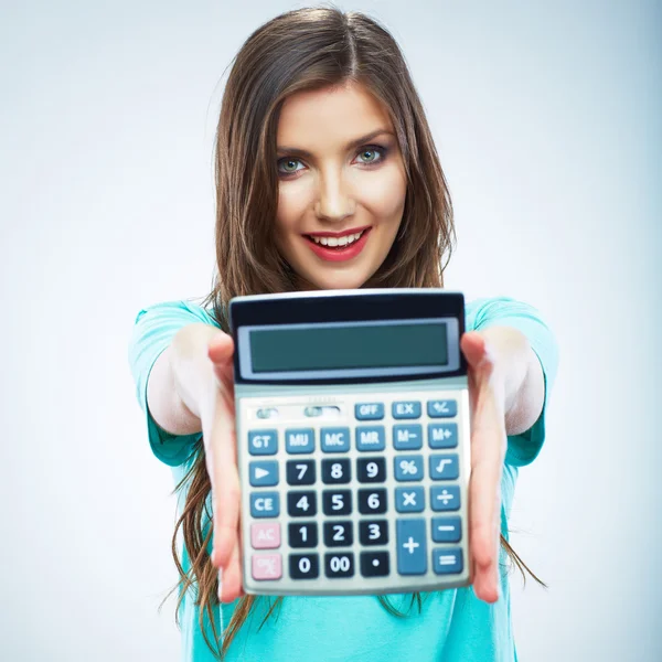 Isolated woman hold count machine. Isolated female portrait. — Stock Photo, Image