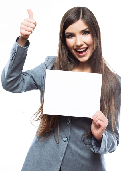 Mulher de negócios segurando banner em branco e polegar para cima — Fotografia de Stock