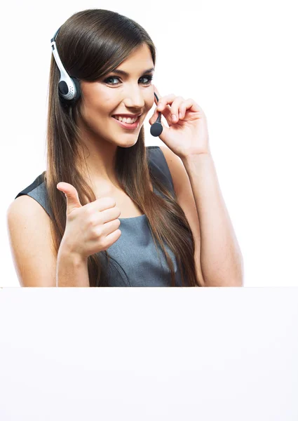 Primer plano retrato del trabajador de servicio al cliente con banner en blanco y pulgar hacia arriba —  Fotos de Stock