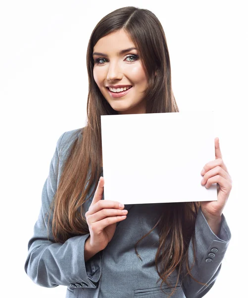 Mujer de negocios sosteniendo banner en blanco —  Fotos de Stock