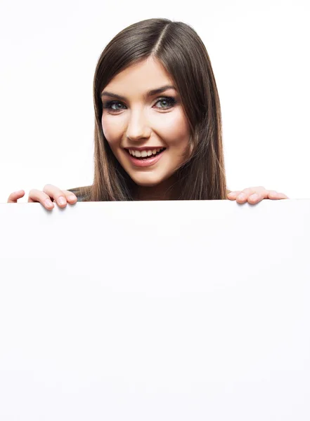 Close up portrait of woman with blank banner — Stock Photo, Image