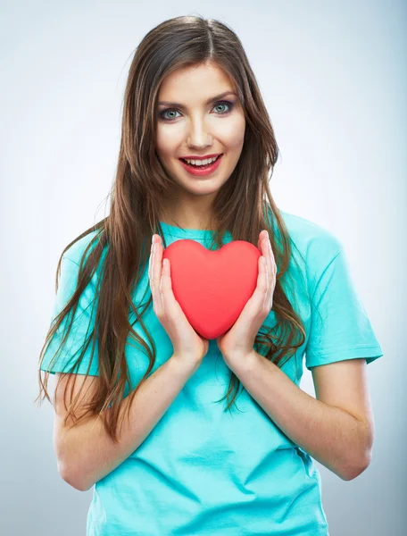 Red heart. Love symbol. Portrait of beautiful woman hold Valent — Stock Photo, Image