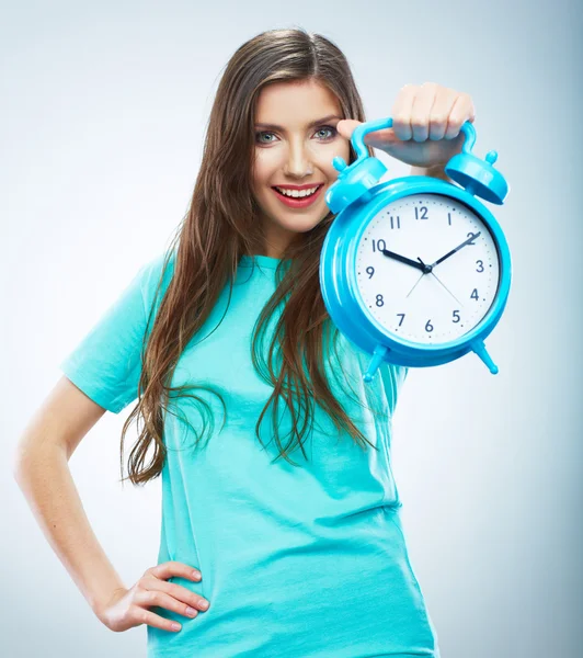 Smiling woman hold watch — Stock Photo, Image