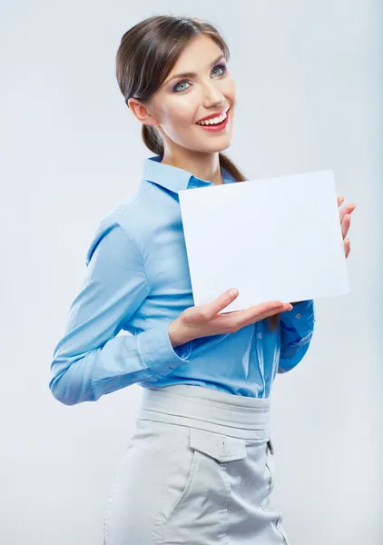 Business woman hold banner, white background portrait. Female — Stock Photo, Image