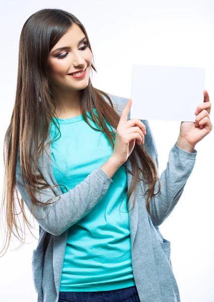 Mujer mostrar tarjeta en blanco —  Fotos de Stock