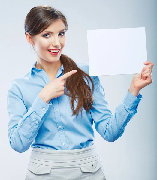 Business woman show blank banner — Stock Photo, Image