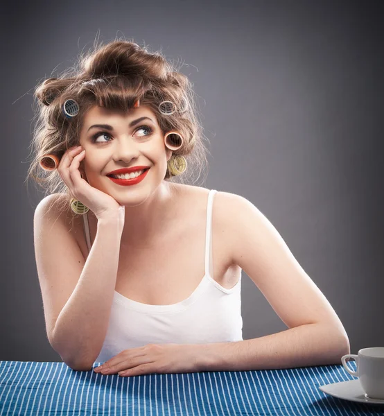 Woman with curler hair — Stock Photo, Image