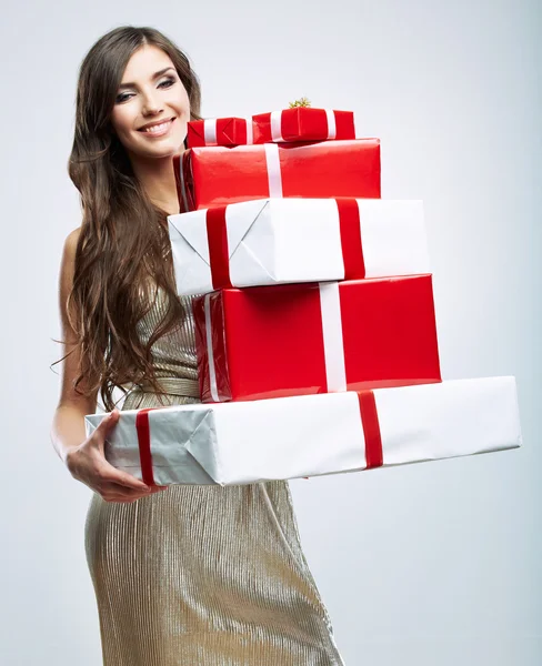 Woman portrait hold gift — Stock Photo, Image