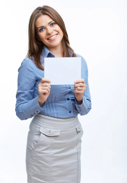 Geschäftsfrau zeigt leeres Schild — Stockfoto