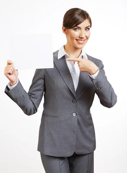 Business kvinna Visa tomt papper — Stockfoto