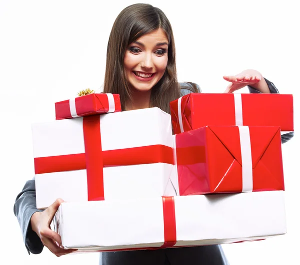 Business woman hold gift box — Stock Photo, Image