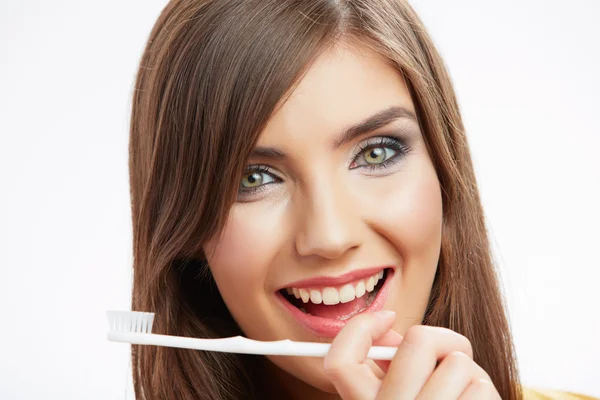 Mujer con cepillo de dientes — Foto de Stock