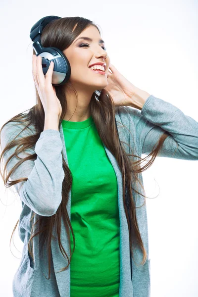 Vrouw met koptelefoon — Stockfoto