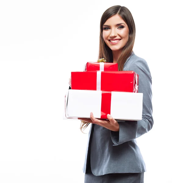 Business woman hold gift box — Stock Photo, Image