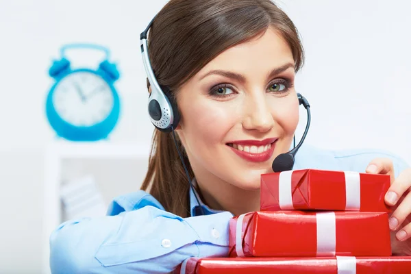 Operator with red gift box — Stock Photo, Image
