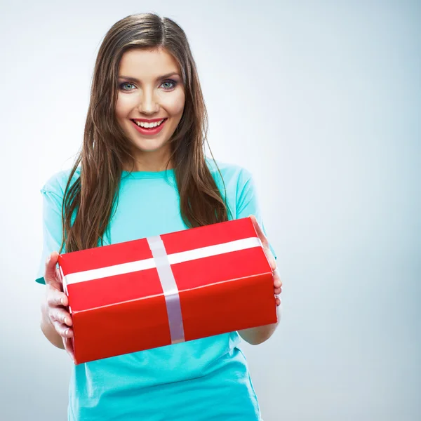 Woman hold gift box — Stock Photo, Image