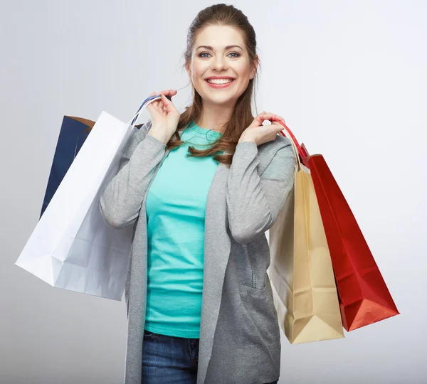 Mulher segurar compras bago — Fotografia de Stock