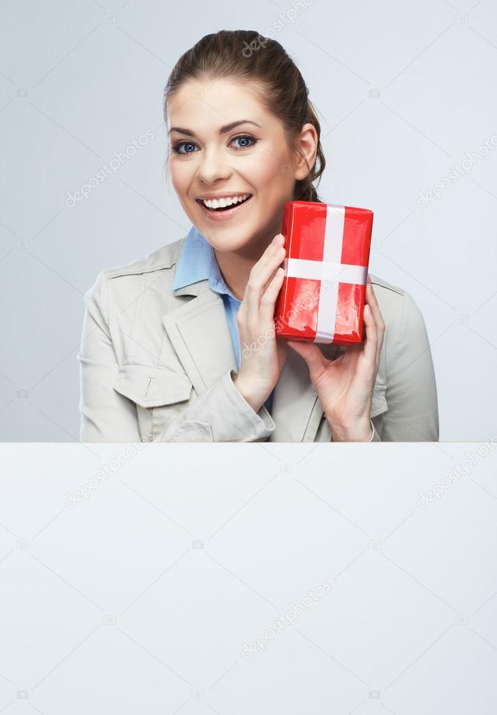Business woman hold gift box