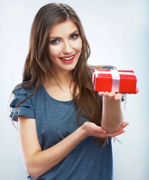 Woman hold gift box — Stock Photo, Image