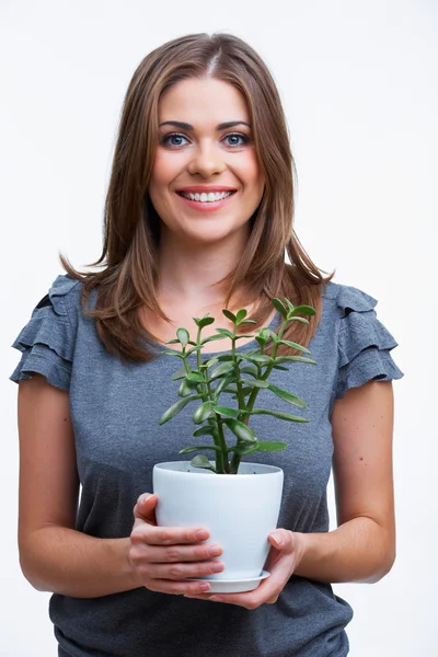 女人保持室内盆栽植物 — 图库照片
