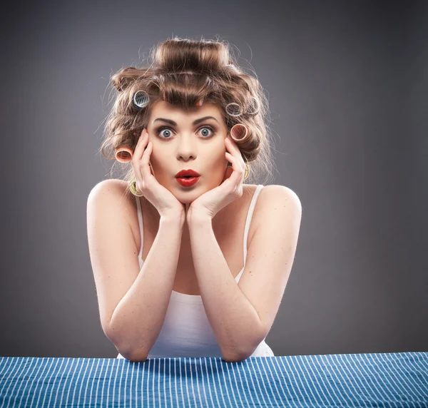 Woman portrait with curler hair — Stock Photo, Image