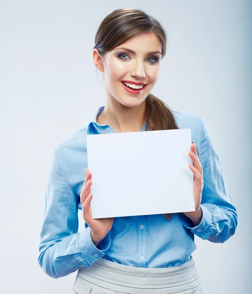 Business woman hold blank banner — Stock Photo, Image