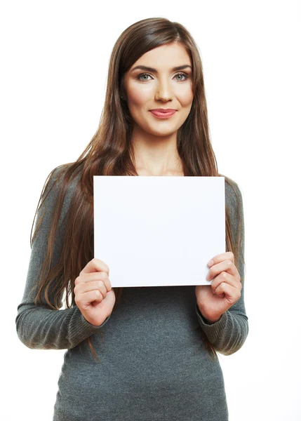 Teenager girl hold white blank paper. — Stock Photo, Image
