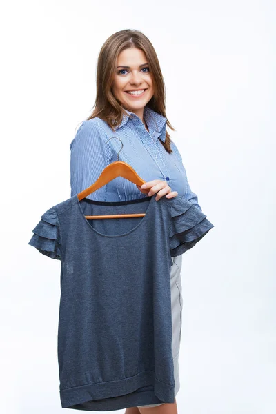 Mulher de negócios segurar roupas — Fotografia de Stock