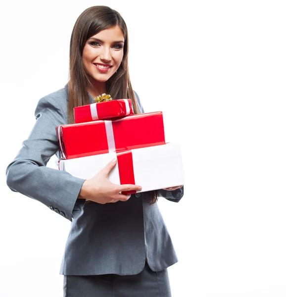 Geschäftsfrau hält Geschenkboxen in der Hand — Stockfoto