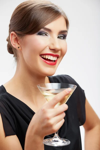 Woman in black dress with glass. — Stock Photo, Image