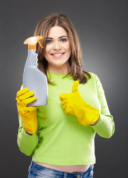 Woman hold spray for cleaning — Stock Photo, Image