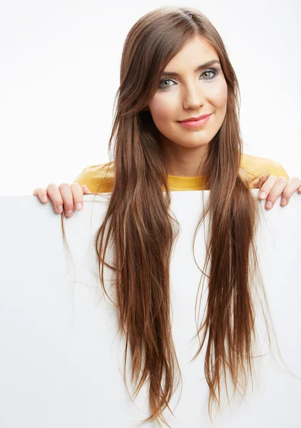 Young smiling woman show blank card. — Stock Photo, Image