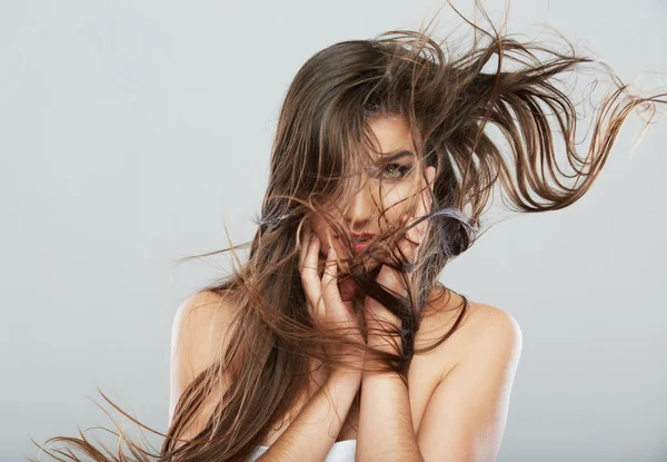 Donna viso con movimento dei capelli — Foto Stock