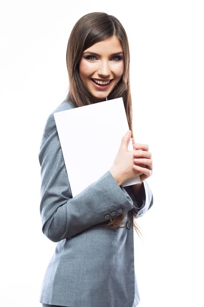 Glimlach zakenvrouw met leeg wit bord — Stockfoto