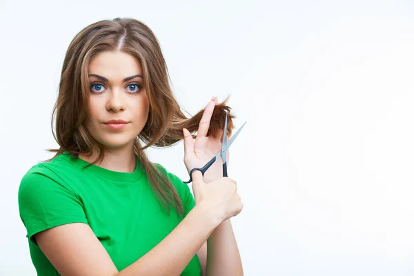 Woman ringworm hair with scissors — Stock Photo, Image