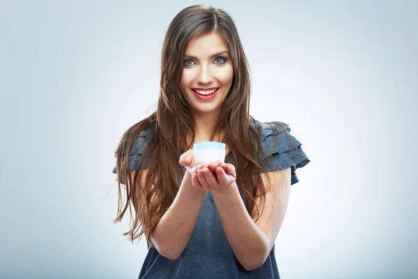 Woman hold cosmetic cream — Stock Photo, Image