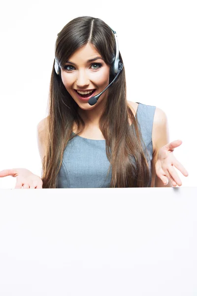 Woman customer service worker with big blank board — Stock Photo, Image